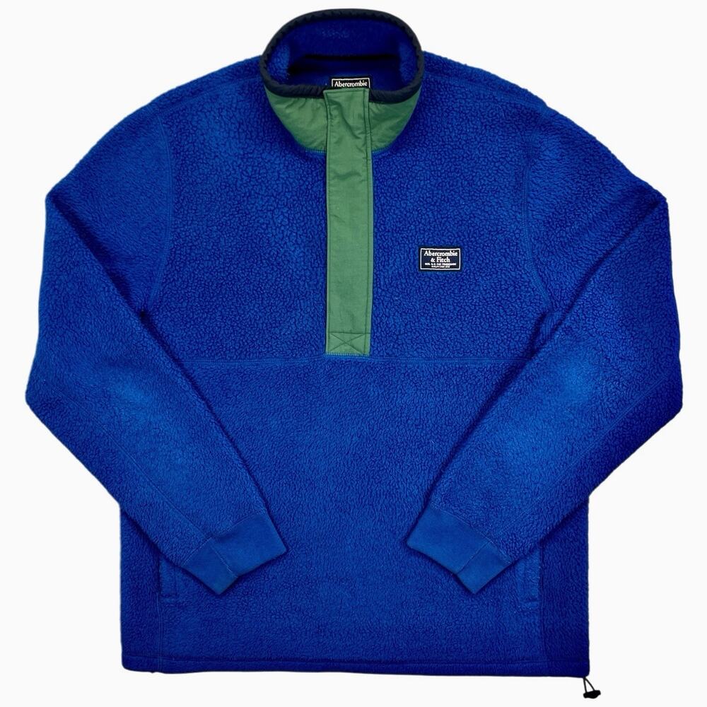 Abercrombie & Fitch Mens Sherpa Fleece Pullover Jacket Blue Green Mock Neck L